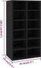 A black shoe rack with multiple compartments, shown with dimensions indicated by text overlays. Produktbild-Vorschau