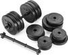 A set of black dumbbells and weight plates are arranged on a white background. Náhled obrázku produktu
