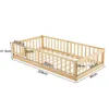 A wooden children's bed with safety rails, shown from a side-angle with dimensions indicated by measurement lines and text. Produktbild-Vorschau