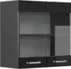 A 3D render of a black high-gloss wall cabinet with glass doors and drawers. Anteprima dell’immagine prodotto
