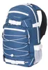 A blue backpack with white accents and bungee cords. Produktbild-Vorschau