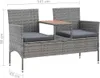 A grey rattan garden bench with a built-in table and dark grey cushions, shown with dimensions indicated by measurement lines and text. Produktbild-Vorschau