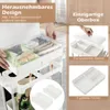 A person is shown interacting with a white storage cart, highlighting its removable boxes and transparent lid. The image also includes close-ups of the cart's features. Produktbild-Vorschau