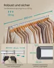 A close-up of a clothing rack with clothes hanging on it, along with diagrams illustrating its features and specifications. Produktbild-Vorschau