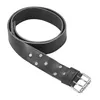 A black leather belt with silver rivets and a silver buckle is shown against a white background. Produktbild-Vorschau