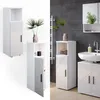 A collage of a white high-gloss bathroom cabinet with a geometric pattern, shown in two different settings: one on a white background and another in a modern bathroom with a sink and mirror. Voir les images du produit
