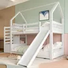 A white bunk bed with a slide and storage stairs in a child's bedroom. Podgląd zdjęcia produktu
