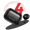 A black charging case and one earbud for SWISSTEN Minipods Bluetooth-Kopfhörer Tws Schwarz 54200100 are displayed on a dark oval surface. A red circular graphic with tick marks and a large number '4' is in the background. Voir les images du produit