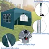 A green pop-up gazebo set up on a grassy field with a cityscape in the background. Several close-up insets highlight product features. Produktbild-Vorschau