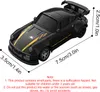 A black remote control drift car with yellow racing stripes and dimensions indicated by measurement lines and text. Produktbild-Vorschau
