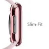 Side view of a rose gold smartwatch case with a pink strap attached, next to the text 'Slim-Fit'. Produktbild-Vorschau
