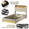 A bed frame with a headboard and mattress support slats, shown with close-up details of its construction and text highlighting features. Náhled obrázku produktu