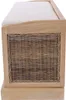 A side view of a wooden bench with a woven rattan front and a light-colored cushion. Podgląd zdjęcia produktu