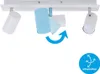 A white ceiling light fixture with three adjustable spotlights, two white and one blue, against a white background. An arrow indicates adjustability. Produktbild-Vorschau