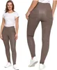 A woman is shown wearing beige leggings and a white t-shirt, with a close-up of the leggings from the back. Produktbild-Vorschau