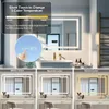 A bathroom vanity with a large LED mirror above a sink, showcasing different light color temperatures and brightness controls. Below are three examples of the mirror's lighting in white, neutral, and warm colors. Náhľad obrázku produktu