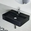 A black rectangular wall-mounted sink with a chrome faucet and drain. Produktbild-Vorschau