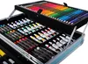 An open art supply case filled with colored pencils, oil pastels, and paint tubes. Podgląd zdjęcia produktu