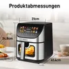 A silver and black air fryer is shown with dimensions indicated by lines and text. Produktbild-Vorschau