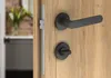 A close-up view of a door handle and lock mechanism on a wooden door. Produktbild-Vorschau