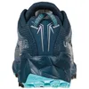 Hinteransicht des Akyra Woman Gtx Trailrunning-Schuhs von La Sportiva in Blau mit grünem Profil. Produktbild-Vorschau