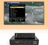 A television screen displaying a channel list menu, with a satellite receiver and remote control shown below. Produktbild-Vorschau
