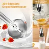 Collage showing an immersion blender with strawberries and milk, and close-ups of the blender attachments being used to whisk eggs and froth milk. Produktbild-Vorschau