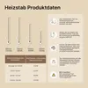 Product data for a heating element, showing different sizes and a table of recommended power outputs based on heat output. Produktbild-Vorschau