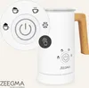 A white milk frother with a wooden handle, shown with an inset diagram highlighting its control panel and functions. Produktbild-Vorschau
