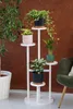 A white multi-tiered plant stand with six potted plants is shown in a room with a brown textured wall and a green chair. Anteprima dell’immagine prodotto