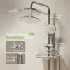 A shower system with a head shower and hand shower, mounted on a wall. Features like adjustability and angle are highlighted with text and graphics. Anteprima dell’immagine prodotto