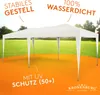 A white pop-up tent is set up on a grassy area with an orange gradient foreground. Produktbild-Vorschau
