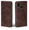 A brown flip cover case for a Samsung Galaxy A40 phone, shown from two angles. Produktbild-Vorschau