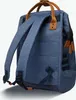 A blue backpack with brown leather accents is shown from the back. Voir les images du produit