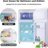 A retro-style refrigerator with its doors open, showcasing different compartments and food items. The image also includes inset circles highlighting specific features and contents. Produktbild-Vorschau