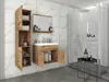 A modern bathroom with a wooden vanity, a tall cabinet, and a shower. Náhled obrázku produktu