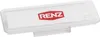A white plastic name tag holder with the red RENZ logo printed on it. Produktbild-Vorschau