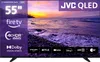 A marketing image for a JVC QLED TV, showing the screen displaying a sunset over a beach, with various logos and feature callouts on the left and bottom of the screen. Produktbild-Vorschau