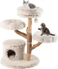 A multi-level cat tree with plush platforms and a cat cave, featuring two cats. Voir les images du produit