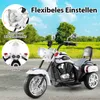 A white police-themed electric motorcycle for children, shown outdoors with a scenic background of trees and sky. Inset images highlight adjustable features. Náhľad obrázku produktu
