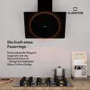 A kitchen scene featuring a modern black range hood with an orange illuminated ring, a gas stovetop with pots, and a wooden organizer with utensils. Produktbild-Vorschau