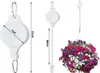 A collage showing a white retractable plant hook with dimensions, a close-up of the hook, and the hook holding a basket of colorful flowers. Náhled obrázku produktu