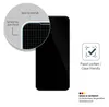 A close-up of a smartphone screen protector being applied to a phone, with marketing text and icons. Produktbild-Vorschau