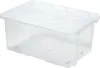 A clear studio shot of a transparent plastic storage box with a lid. Voir les images du produit