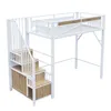 A white metal loft bed with wooden accents and stairs with storage. Náhled obrázku produktu