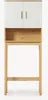 A tall, narrow cabinet with two white doors and an open shelf below, all supported by a wooden frame. Produktbild-Vorschau