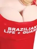 Close-up of a red costume with white text. Produktbild-Vorschau