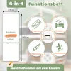 A marketing image showing a multi-functional bed with icons representing different uses: relaxing, sleeping, drawing, and entertainment. Dimensions are also indicated. Náhled obrázku produktu