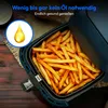 A close-up of an air fryer filled with french fries, with a graphic of an oil drop and text overlay. Produktbild-Vorschau
