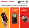 A marketing image showcasing different ways to play music from a smartphone on the Regent i450s, using WLAN, Spotify Connect, and Bluetooth. Produktbild-Vorschau